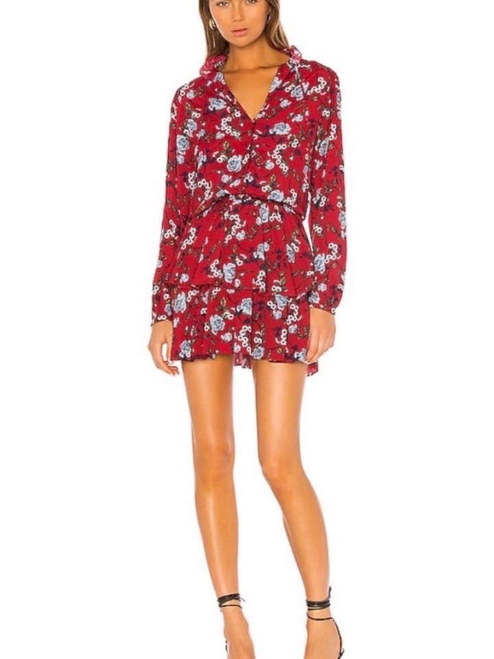 Yumi Kim Red Floral V-Neck Tiered Mini Dress